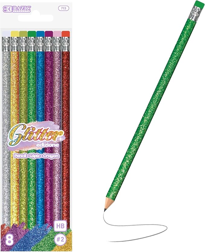 BAZIC Products Metallic Glitter Pencil w/Eraser, Latex Free Eraser, Unsharpened Rewards Glitter Pencil (8/Pack), 1-Pack