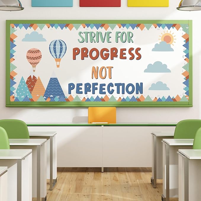 gisgfim Motivational Bulletin Board Decorations Strive for Progress Not Perfection Paper Cutouts Mountain Hot Air Balloon Bulletin Board Set for Back to School Classroom Chalkboard Wall Decor Supplies