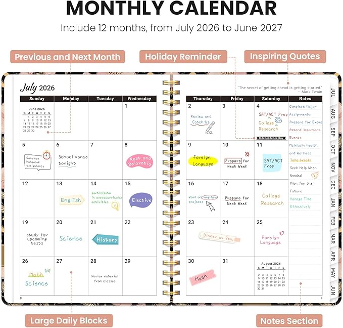 2026–2027 Academic Planner, Weekly and Monthly Planner for Women, July 2026 - June 2027, Pretty Hardcover 2026–2027 Academic Planner with Tabs, Inner Pocket, Spiral Bound, Perfect Office Home School Supplies - 6.3" x 8.5", Bee Blossom