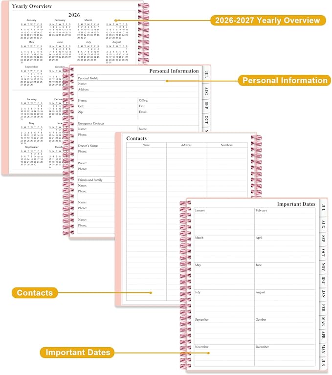 Planner 2026-2027 - Academic Planner from July 2026 to June 2027, Weekly & Monthly Planners Spiral Bound with 12-Month Tabs, Inner Pocket, 8.5" x 11", Pink