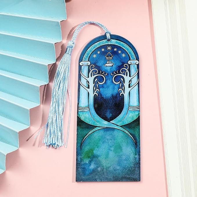 Fantasy Metal Bookmarks with Elvish Leaf, Sword Charm & Evenstar Engraving, Epic Quotes Carved Jewelry for Book Lovers, Dark Academia Gifts for Readers (Acrylic-Blue)