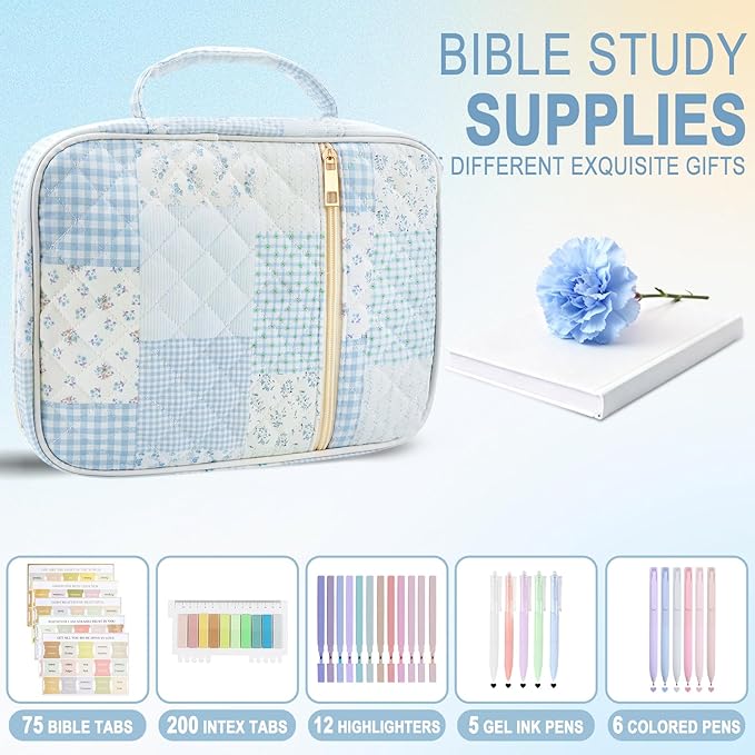 Bible Cover Case Study Supplies for Women Gifts Large Bible Cover with Highlighters Pens Tabs Cute Quilted Carrying Case Journal Kit Accessories Christian Gifts Sticky Notes D