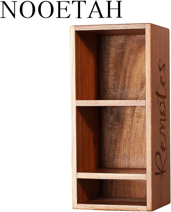 Remote Control Holder, Wooden TV Remote Holder for Table, Remote Organizer Caddy for Home Decor, Remote Box for Nightstand, Brown Labeled Remote, 3 Slot - 9.84 Inch