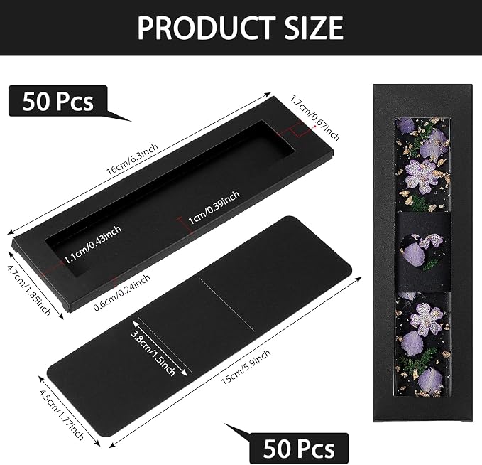 Roowest 50 Set Kraft Bookmark Boxes Sleeves Resin Bookmark Holder 5.9 x 1.8'' Cardboard Gift Boxes DIY Blank Display Cards for Wrapping Gift Supplies(Black)