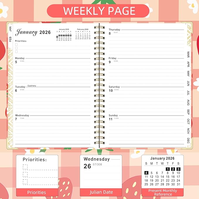 2026 Planner, Jan.2026 - Dec.2026 Planner Weekly and Monthly 6.25"x8.5" with with Page Tabs, Calendar Hardcover with Inner Pocket, Elastic Band, Twin-Wire Binding, Bookmark,Strawberry Lattice
