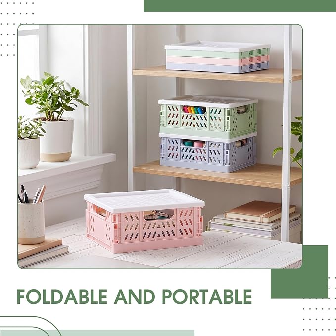 Hushee 6 Pcs Mini Pastel Plastic Storage Baskets with Lids Small Collapsible Crates Mini Mesh Storage Bins Folding for Bedroom Pencils Office Desktop Drawer Organizer 5.55 x 4.13 x 2.32 in