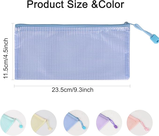 10 Pcs A6 Clear Zipper Pouch Bags - 5 Colors Plastic Mesh Storage Organizers for School Supplies, Office Travel Accessories & Classroom Organization (A6)