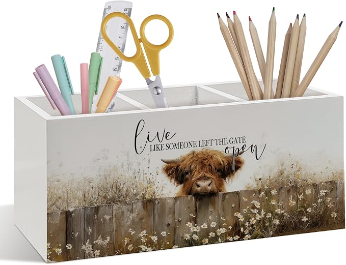 Inspirational Highland Cow Pen Pencil Holder, Highland Cow Gifts for Women, Live Like Someone Left the Gate Open Wooden Pen Pencil Organizer for Farmhouse Home Office Desk Decor