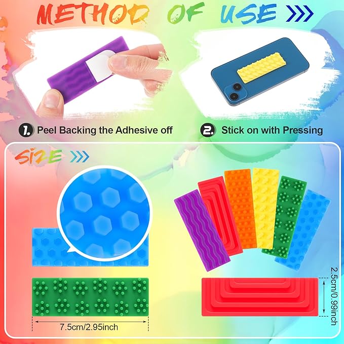 Ireer 6 Pcs Textured Sensory Stickers Silicone Calm Stickers Thick Sensory Strips Different Textures Mental Health Desk Strips Fidget Decals for Anxiety Relief, Autism, ADHD Desk Gift