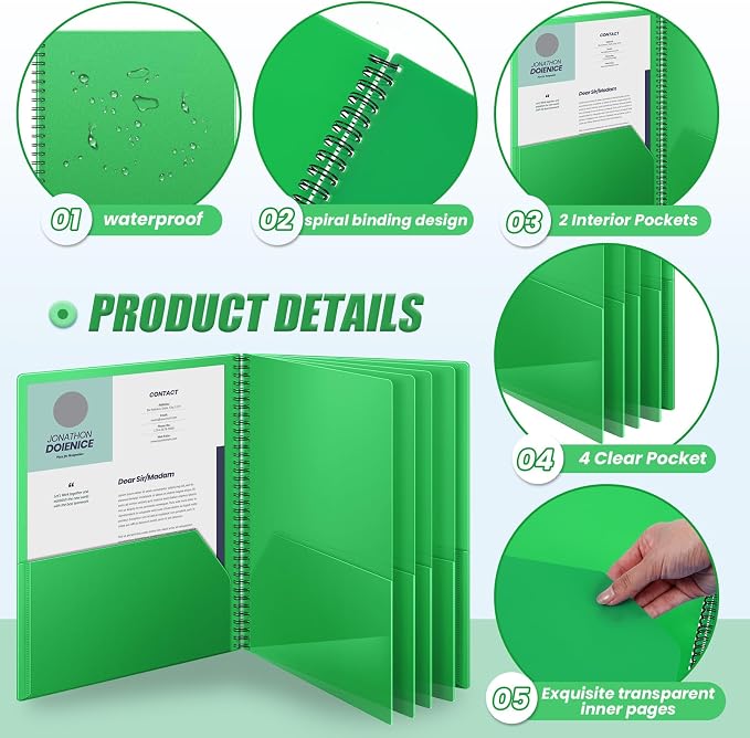 Seajan 8 Pcs 10 Pocket Folder Green Sturdy Plastic Spiral Portfolio Multi Pocket Folder Organizer Document Folders Plastic Spiral Project Organizer for School Office