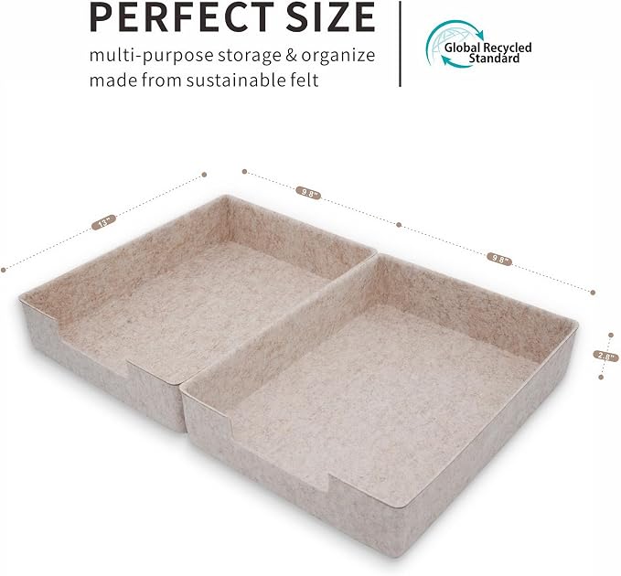 WELAXY 2-piece Stackable Desk Drawer Organizer Trays Felt Storage Bins Document File Papers Magazines Organizing Box Soft Sturdy Office Supplies (Oatmeal)