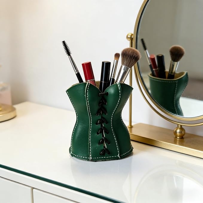 Faux Leather Lace-Up Corset Pencil Holder – Gothic Y2K Desk Pen Cup Makeup Brush Organizer Mini Storage for Home Office, Green