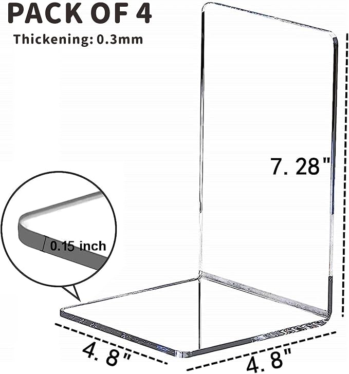4pcs Clear Book Ends for Heavy Books,Acrylic Book Shelf Organizer for Desk,Plastic Heavy Duty Book Holders Stand and Invisible Bookshelf Dividers Decorative,Suitable for Office Home Weighted Bookends