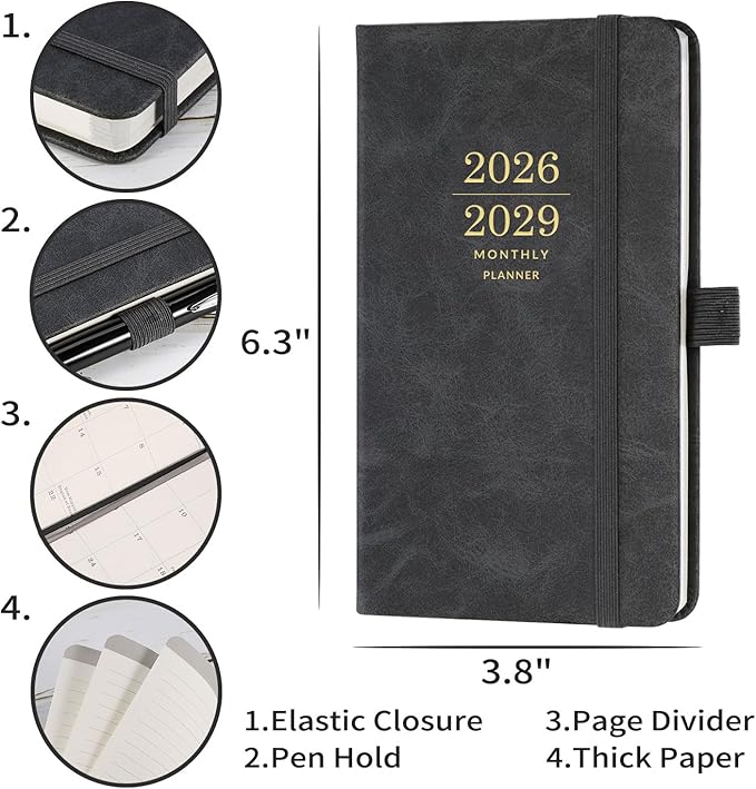 2026-2029 Monthly Planner/Calendar - 3 Year Planner with Faux Leather Cover, Jul 2026 - Dec 2029, Small Pocket Planner for Purse, Pen Holder, 3.8" x 6.3", Inner Pocket, 63 Notes Pages