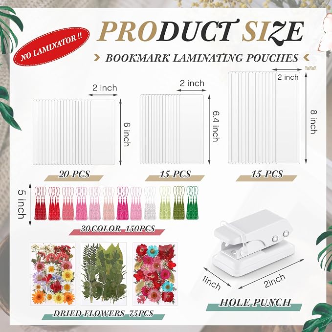 Fuyoooo 176 Pcs Dried Flower Bookmark Making Kit, DIY Bookmark Laminating Pouches with Tassels and Puncher DIY Project Gifts for Women Night Out Craft Book Lovers (Rainbow Colors,3 Size)
