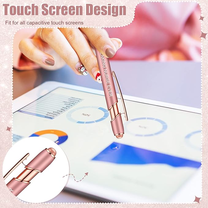 Zonon 12 Pcs Inspirational Pens Gift Set Funny Ballpoint Pen with Stylus Tip Motivational Graduation Gifts Bulk for Teacher Coworkers Nurse School Office Supplies(Rose Gold,Nurse Style)