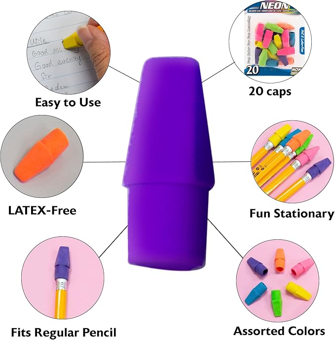 BAZIC Products Neon Eraser Top, Latex-Free Pencil Top Erasers with Arrowhead Caps, Non-Toxic Erasers for Kids, Students, Teachers, Classroom, Art, Homework & School Supplies, 20/Pack, 144-Pack