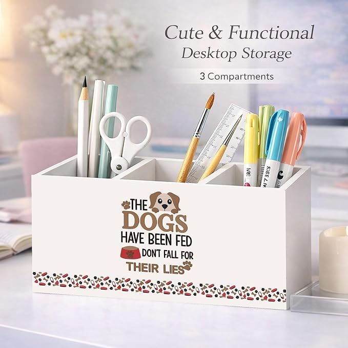 3-Compartment Desk Organizer for Pens, Pencils, Scissors & Ruler, Dog-Themed Wooden Pencil Holder, Cute Dog Quote Storage Box for Kids, Home & Office