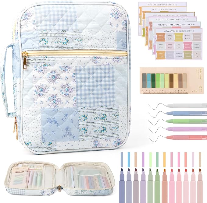 Bible Cover Case for Women Large Quilted Bible Carrying Bag with Handles Bible Study Supplies & Accessories Christian Gifts for Women(Cotton-Blue Patchwork, M)