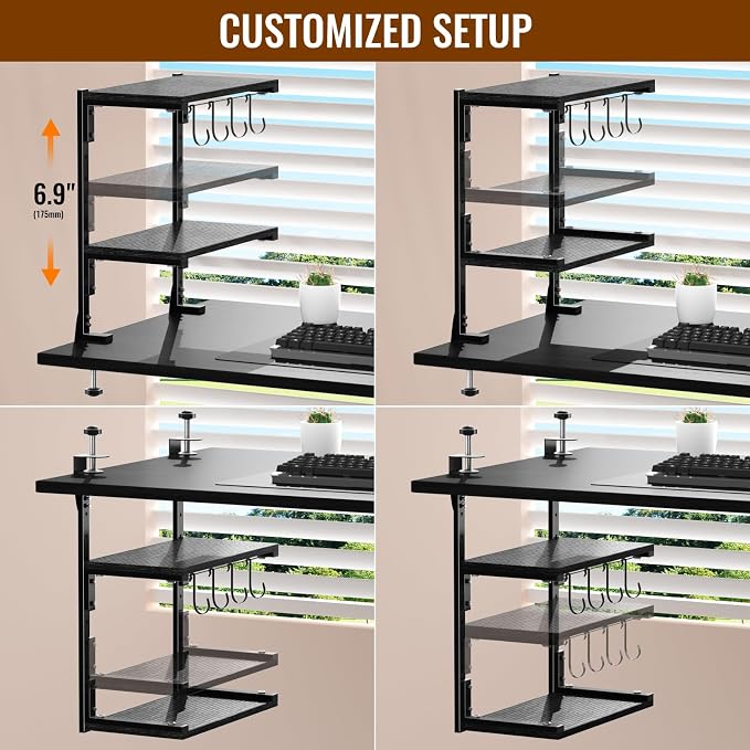 Clamp-on Desk Shelf, 13 inch Above or Below Desk 2-Tier Shelving, Adjustable Metal Storage Tray for Gaming Devices or Office Desk Accessories and More, Black, Patent Pending