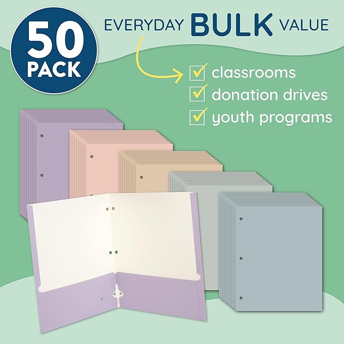 Blue Summit Pastel Colored Folders with Pockets, Paper Colored Pocket Folders, 3 Hole Punched, Two Pockets for Documents with Business Card Slot, Presentations and Classes, Assorted Colors, 50 Pack