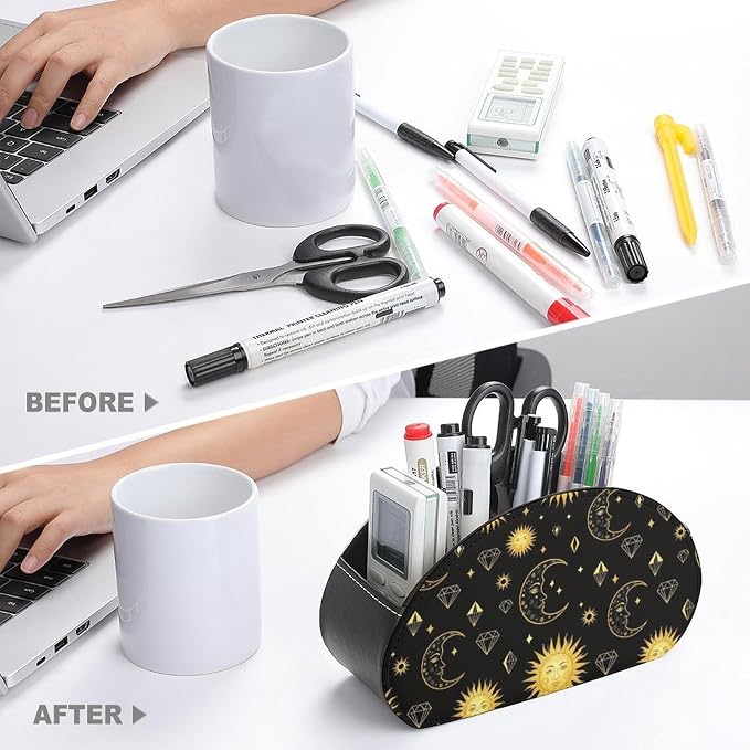 Sun Moon Star Gold Black Remote Control Holder with 5 Compartments, TV Remote Caddy Store Box Multi-functional Desktop Organizer Home&Office Accessories