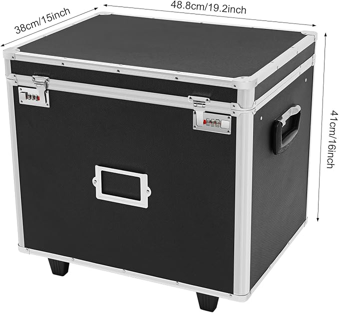 Locking Rolling File Box with Wheels, 19.2" L Portable Aluminum Alloy Storage Case on Wheels, Mobile Business Document Organizer with Handle for Home Office Travel (Black)
