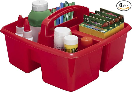 Storex 3-Compartment Small Caddy – Multipurpose Classroom Organizer with Handle, Crimson, 6-Pack (00949A06C)