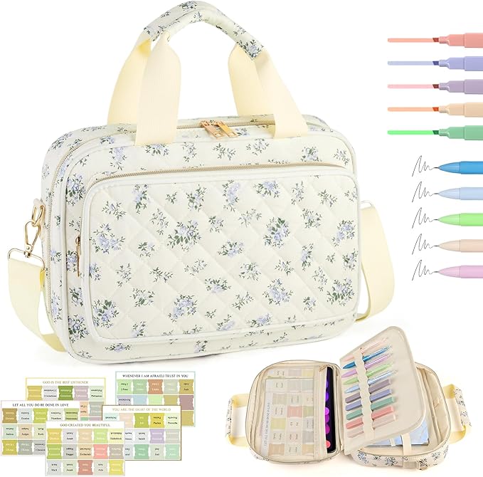 Bible Cover Case for Women, Large Quilted Bible Bag with Bible Study Supplies 5*Sticker & 5*Highlighter & 5*Pen, Stylish Church Bag Journaling Kit, Mothers Day Christian Gifts (Blue-Green Flower)