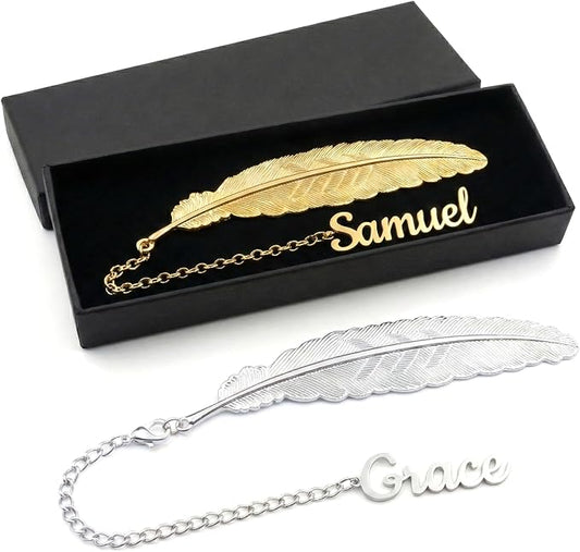 Custom Feather Bookmark Personalized Metal Bookmark with Name Pendant, Gold Silver Customized Gift for Bookworms, Teachers, Women Includes Gift Box