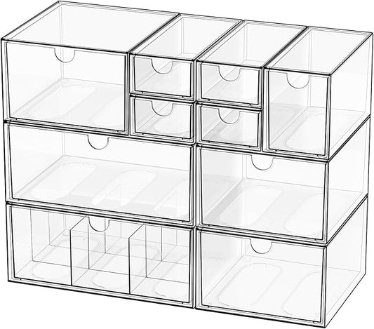 Desk Organizer Set, Clear Stackable Dustproof Storage Boxes for Desktop, Office, DIY Craft & Vertical Space Saving, Perfect for Makeup, Stationery, Jewelry Organization (10 Drawer)