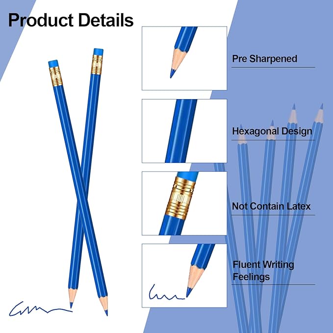 12 Pcs Checking Pencils Erasable Colored Pencils Pre-Sharpened 2 HB with Erasable Tops for Checking(Blue)
