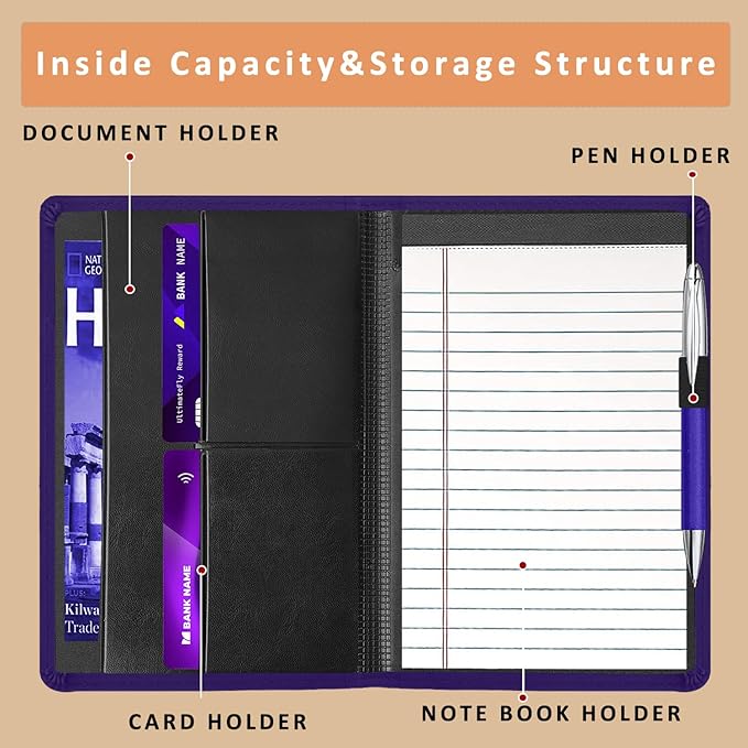 Padfolio Binder A5 Document Organizer with Refillable Lined Notepad, Junior Size Folder Portfolio for Men Women.Dark Purple