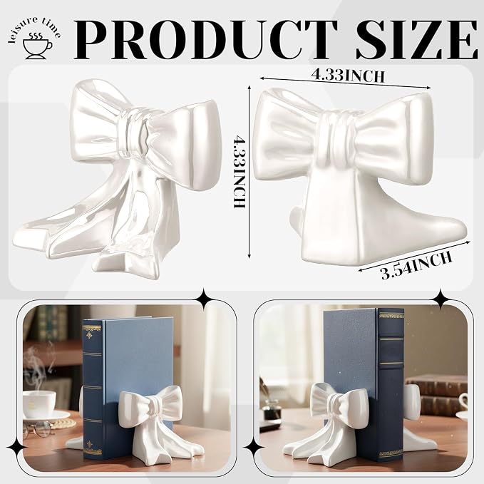 Leinuosen 2 Pcs White Bow Bookends Ceramic Cute Book Ends Decorative Book Stand Bow Sculpture Statues Tabletop Shelf Ornament Room Decor for Home Office School Dorm Girl Desk