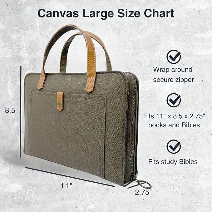 Bible Cover for Women Canvas Case with Leather Handles, Purse Style Bible Bag with Zippered Closure and Snap Pocket (Olive Green, Medium and Large Bibles)