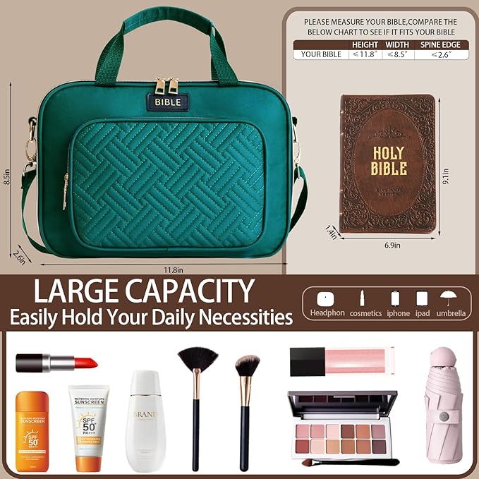 Bible Cover for Women Bible Case, Large Bible Bag, Bible Study Supplies Bible Journaling Kit Book Carrying Case with Bible Highlighters Tabs, Valentines Day Christian Gifts for Women (Green)