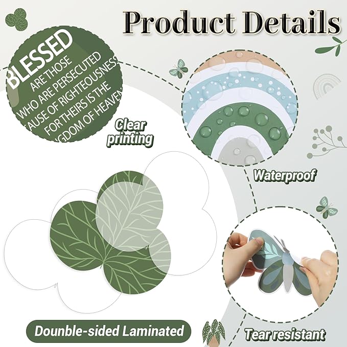 QOUBAI Christian Bulletin Board Decoration The Beatitudes Matthew 5:3-12 Classroom Decoration Motivational Bible Verse Paper Cutouts for Back to School Sunday School Church Parish Decor（Greenery）