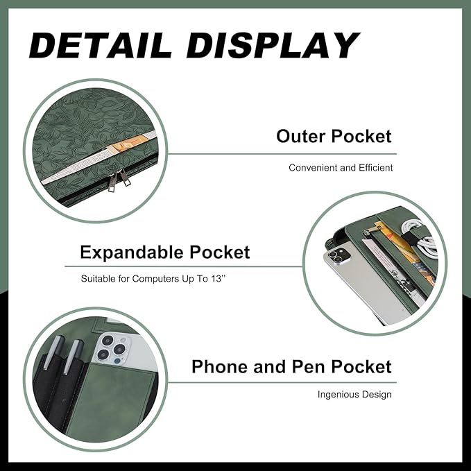 Calfinder Vegan Leather Portfolio with Zipper, Professional Business Padfolio with A4 Writing Pad Holder, Green Christmas Gifts, Resume Folder for Men and Women (Dark Green, Customized)