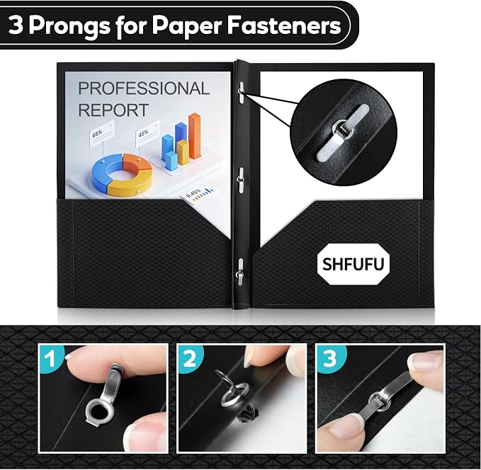 Textured 2 Pocket Folder with 3 Prongs,48 Pack Letter Size 8.5x11, Heavy Duty Textured Folder with Metal Fasteners for School, Office & Business (Black)