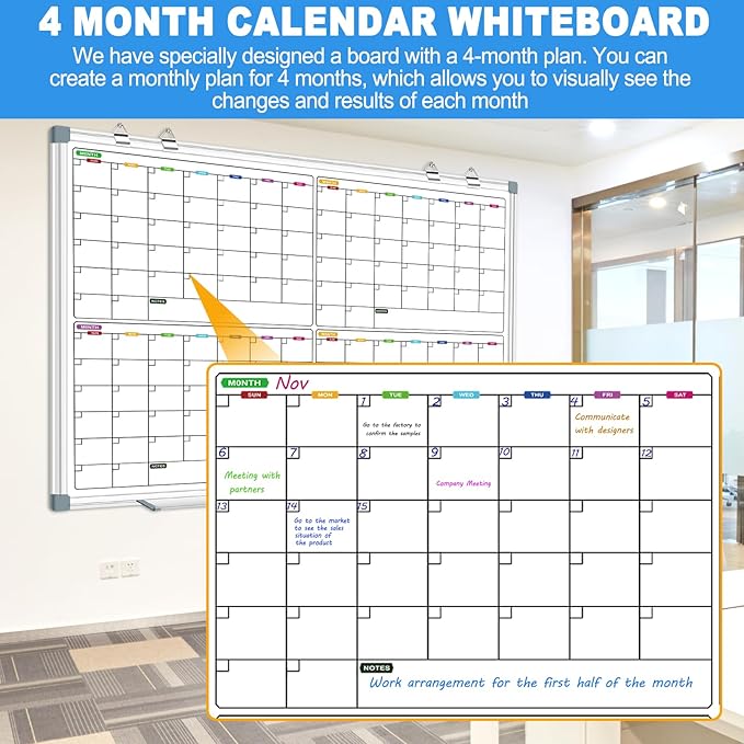 Dry Erase Board Calendar Whiteboard 60" x 40", 4 Month Large Magnetic Whiteboard for Wall Calendar Dry Erase Board Wall Mounted Board White Board Planner for Office Home and School