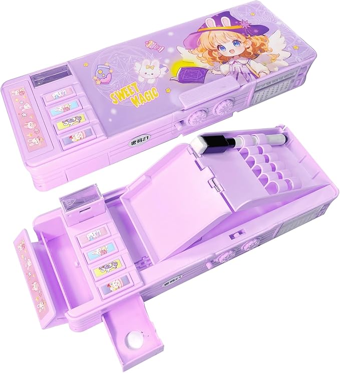 【2Pack】Pop Up Multifunction Pencil Case for Girls and Boys, Cute Cartoon Pen Box Organizer Stationery with Lock, Sharpener, Schedule, Whiteboard, School Supplies, Best Gifts for Kids(Purple+Rocket)