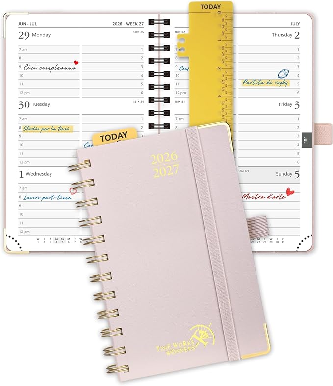 POPRUN Pocket calendar 2026-2027,pocket planner Jul 2026-Jan 2027, 6.5" x 3.5" Small Planner for Purse,Inner-pocket Weekly Planners with Hardcover, Tabs, Ruler, Pen Loop ,Unisex Weekly Planners for Organizing and Office - Light Pink
