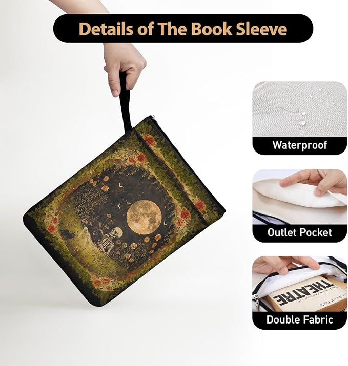 Dark Academia Gifts for Book Lovers - The Reader Skeleton & Floral Book Sleeve | Vintage Waterproof Book Cover for Bookworm Teachers Librarian, Halloween Reader Gifts