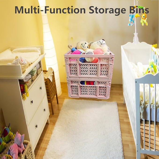20L Foldable Crates, 4Pack Plastic Baskets for Home and Office,Plastic Folding baskets,Collapsible Crates for Chrismas Gifts, Toys Storage. (Light Pink,15.7x11.8x6.3Inc)