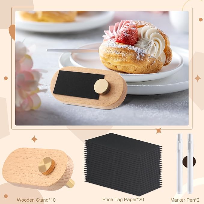 Qunclay Set of 10 Price Display Signs for Vendors Wooden Signs with Price Tag Paper and Pens Retail Display Tag Stands Food Name for Cafes, Shops, Boutiques