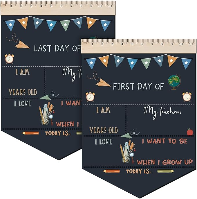 First and Last Day of School Chalkboard Rainbow First Day of School Sign 13.8 x 10 Inch Reusable Double Sided Sign for Graduation Kids Preschool Kindergarten(Pencil Style)