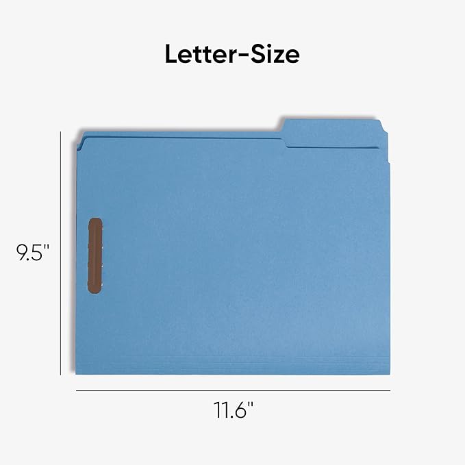 Smead Fastener File Folders, Reinforced 1/3-Cut Tabs, 2 Fasteners, Letter Size, Blue, 50 per Box (12040)