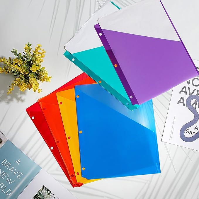 Maitys 30 Pack Binder Pockets 3 Hole Punch Clear Plastic Document Folders Binder Organizer Store Letter Size 8.5x11 Inch Paper Folders with Pockets Slash File Jacket for Office (Rainbow Color)