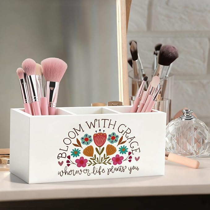 Boho Floral Inspirational Pen Pencil Holder, Mental Health Wood Desk Organizer and Accessories, Inspirational Positive Gifts for Women Pen Holder Desk Organizer for Therapy Office Tabletop