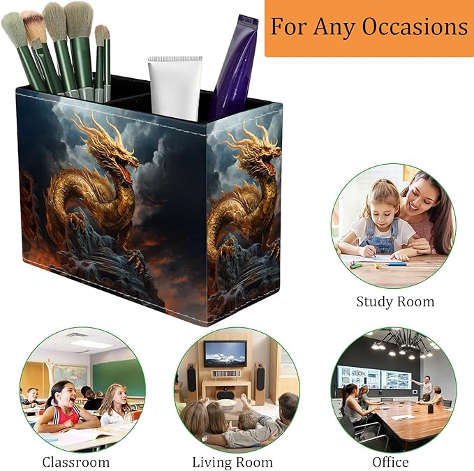 Pen Holder for Desk, PU Leather Multifunctional Desktop Storage Box and Anti-Slip Mouse Pad Set, Makeup Brush Holder Pen Organizer for Office and Home - Golden Dragon